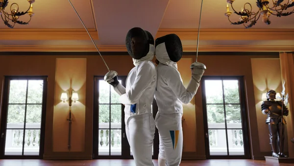 Two Female Fencing Athletes Fight Old Fencing Hall — Stock Photo, Image