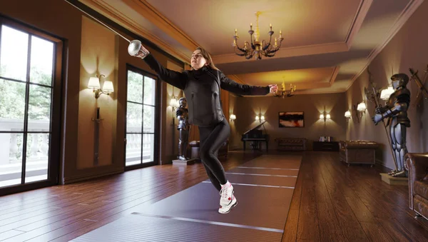 Two Female Fencing Athletes Fight Old Fencing Hall — Stock Photo, Image