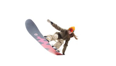 Snowboardcu kız beyazda izole edilmiş.