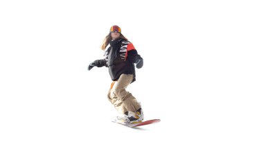 Snowboardcu kız beyazda izole edilmiş.