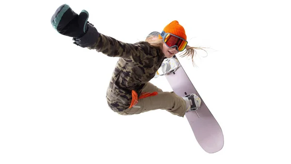 Snowboardos Lány Elszigetelt Fehér — Stock Fotó