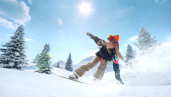 Snowboarder Girl Azione Sport Invernali Estremi — Foto Stock