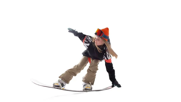 Snowboarder Dziewczyna Izolowane Białym — Zdjęcie stockowe