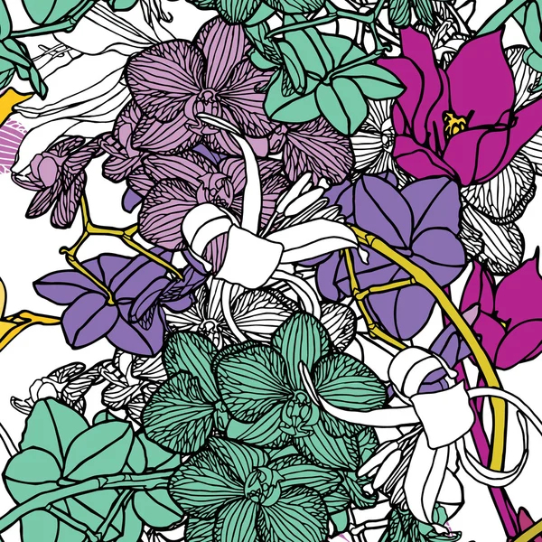 Patrón de flores sin costura con orquídeas — Vector de stock