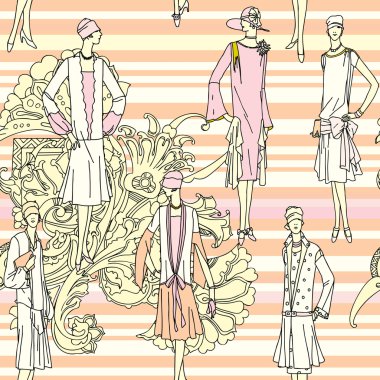 vektör sorunsuz doku ile kroki tarzı moda kızları.