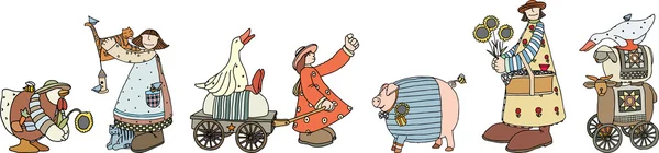Бесшовный рисунок с иллюстрированной группой комических животных и жителей фермы — стоковый вектор