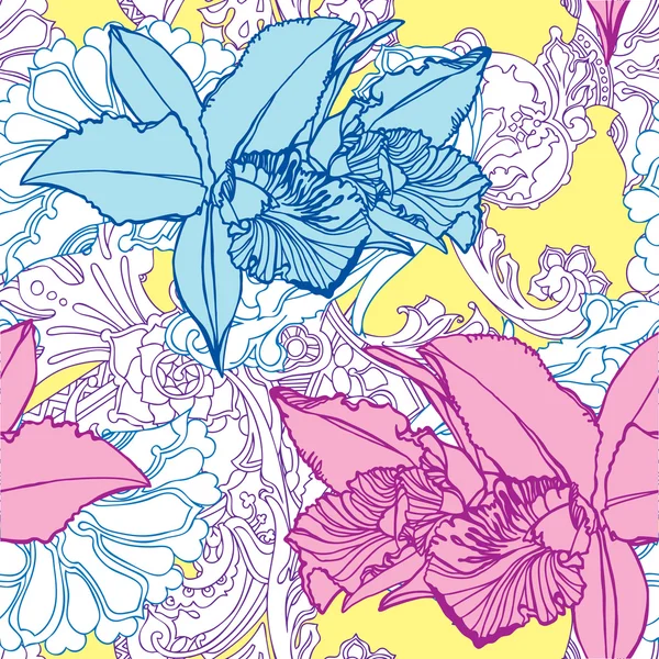 Άνευ ραφής λουλούδι μοτίβο με ορχιδέες και στολίδι — Διανυσματικό Αρχείο