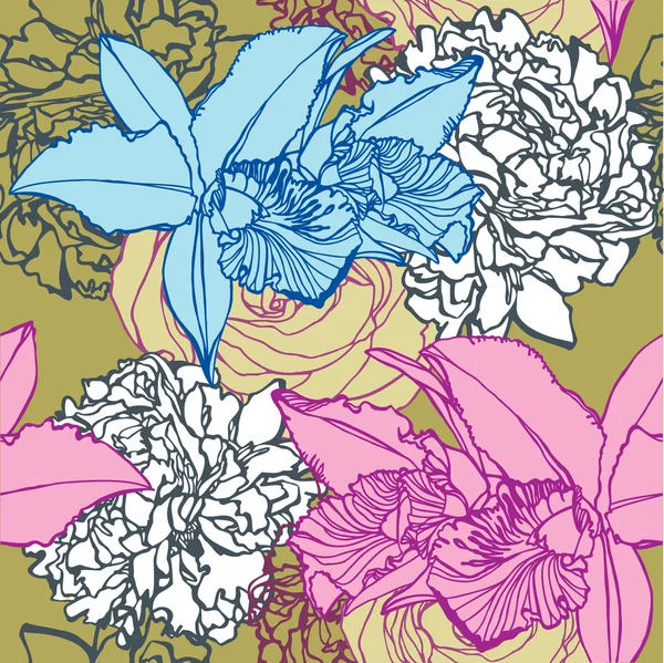 Nahtloses Blumenmuster mit Orchideen und Ornament — Stockvektor