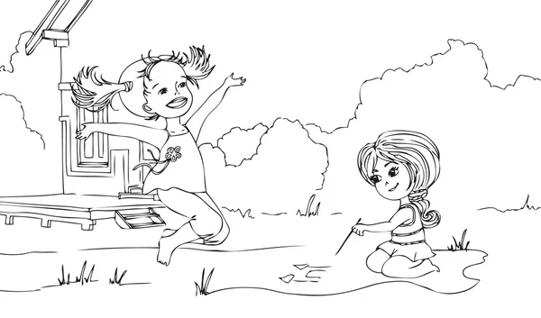 Deux petites filles jouant dans le jardin — Image vectorielle