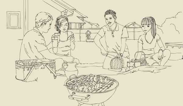 Venkovní skupinový portrét šťastná rodina a přátelé mají piknik a grilování se těší. Stock Ilustrace