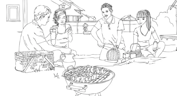 Venkovní skupinový portrét šťastná rodina a přátelé mají piknik a grilování se těší. Royalty Free Stock Ilustrace