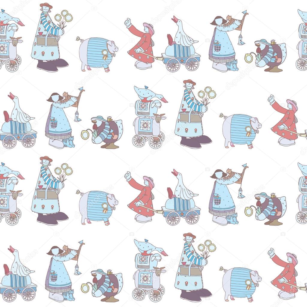 Seamless pattern with Illustrated group of comical animals and inhabitants of the farm.