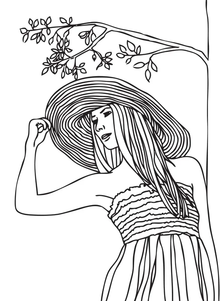 Belle femme en robe et chapeau marche dans le parc . — Image vectorielle
