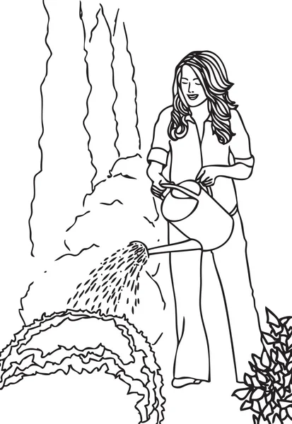 Zahradnictví v létě. žena zalévat květiny v zahradě. — Stockový vektor