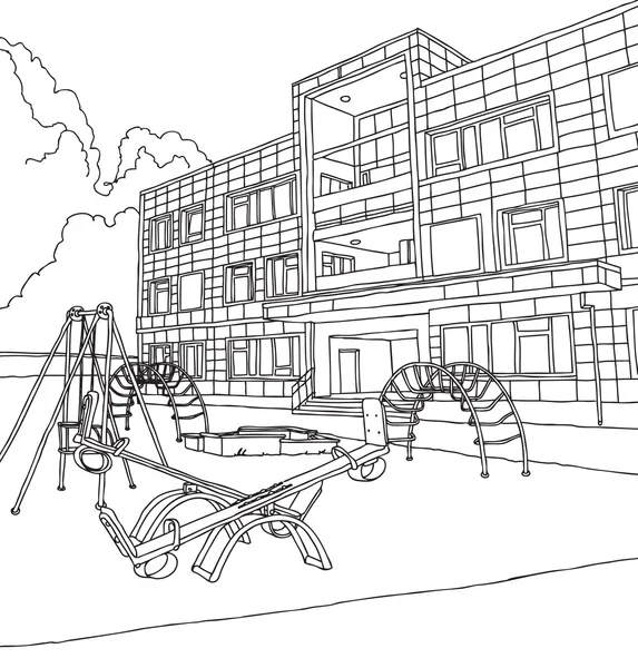 Kindergartengebäude. Vektorillustration. Zeichnung von Hand. — Stockvektor
