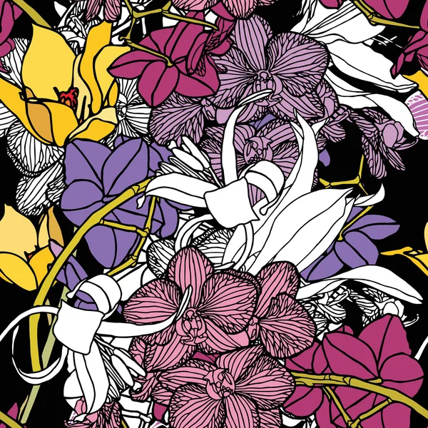 Patrón de flores sin costura con orquídeas — Archivo Imágenes Vectoriales