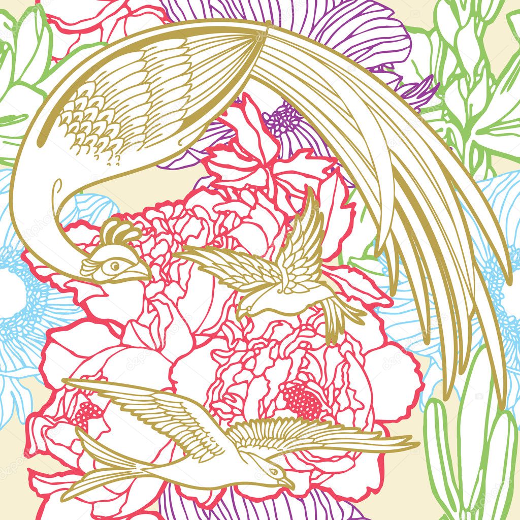 Elegance Seamless pattern with flowers and birds of paradise