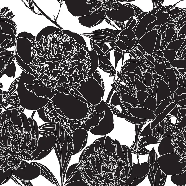 Elegancia Patrón sin costuras con flores peón, negro y blanco vector de ilustración floral en estilo vintage — Archivo Imágenes Vectoriales