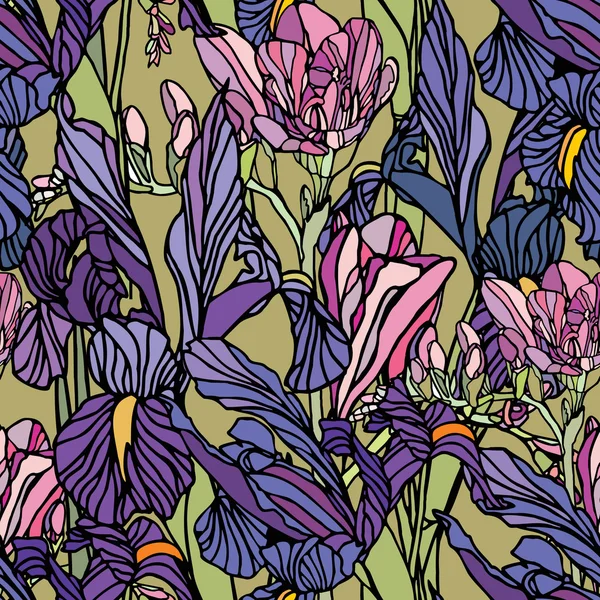 Bezešvé vzor elegance s květiny Narcis a iris — Stockový vektor