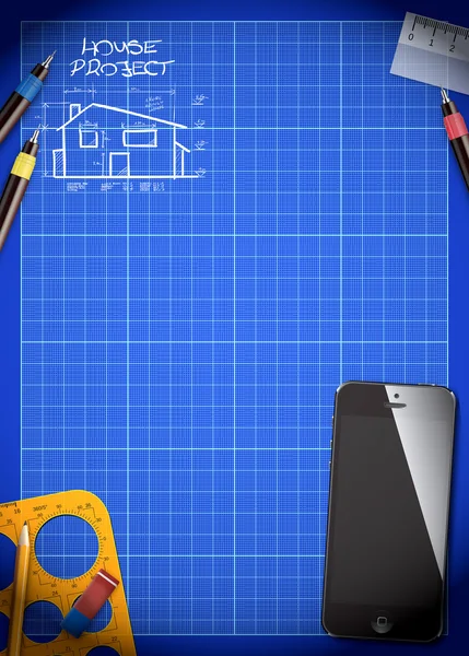 House project plan and smart phone background — Stock Photo, Image