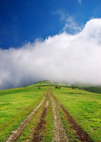 Road on green meadow. Bright sky and clouds — Stock Photo, Image