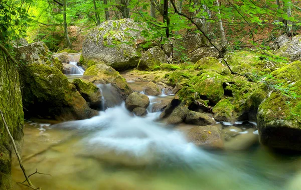 Ruisseau rapide et cascade parmi les pierres — Photo