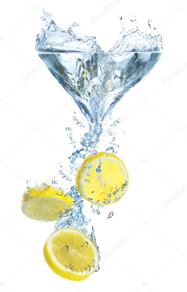 Parts of lemon and water splash isolated