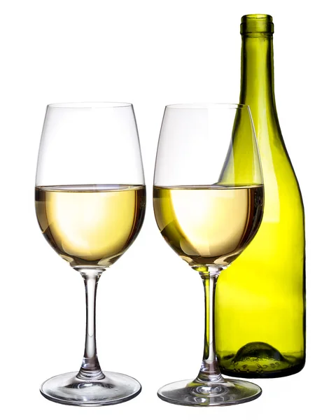 Gafas de vino y botella con vino blanco —  Fotos de Stock