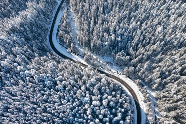 空気から自然の冬の風景 冬の間の道路や森の空中ビュー 冬の寒さ 森と雪 写真は高解像度です — ストック写真
