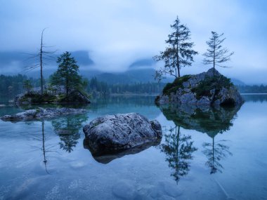Lake Hintersea, Germany. Landscape during fog. Lake and trees. High-resolution photo clipart