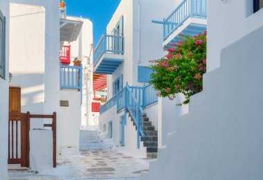 Yunanistan 'ın Mykonos adası. Sokaklar ve geleneksel mimari. Beyaz renkli binalar ve parlak çiçekler. Seyahat fotoğrafçılık.