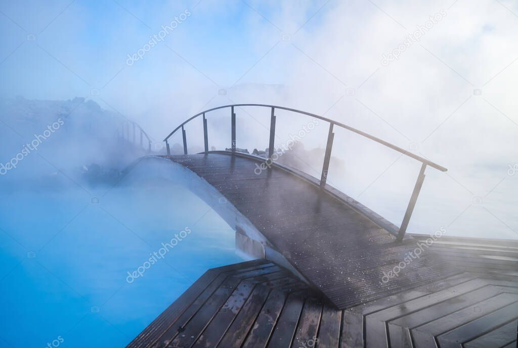 Blue Lagoon, Iceland. Geothermal spa for rest and relaxation in Iceland. Warm springs of natural origin. Blue lake and steam. 