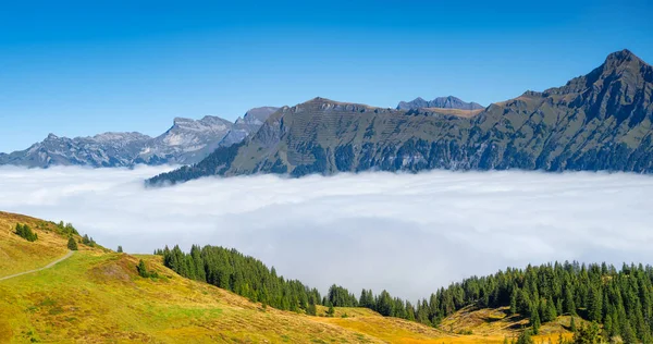 Οροσειρά Μέσα Από Σύννεφα Πεδίο Και Δάσος Τοπίο Καλοκαίρι Φωτογραφία — Φωτογραφία Αρχείου