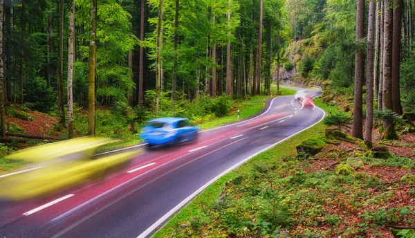 Road Forest Blur Car Lights Landscape Forest Fast Traffic Large — Stockfoto