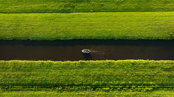 Aerial View Canal Boat Netherlands Canals Water Agriculture Fields Meadows —  Fotos de Stock