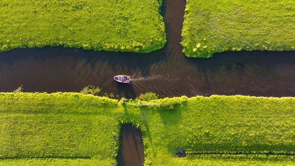 Aerial View Canal Boat Netherlands Canals Water Agriculture Fields Meadows — Φωτογραφία Αρχείου