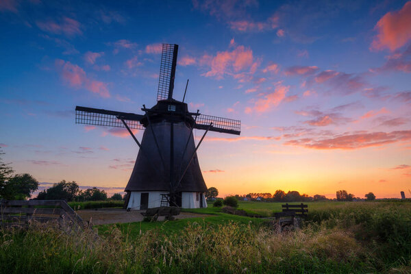 Windmills Netherlands Historic Buildings Agriculture Summer Landscape Sunset Bright Sky Stock Image