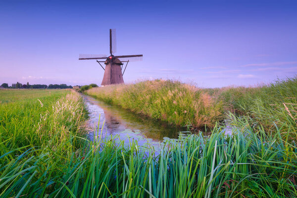 Windmills Netherlands Historic Buildings Agriculture Summer Landscape Sunset Bright Sky Stock Photo