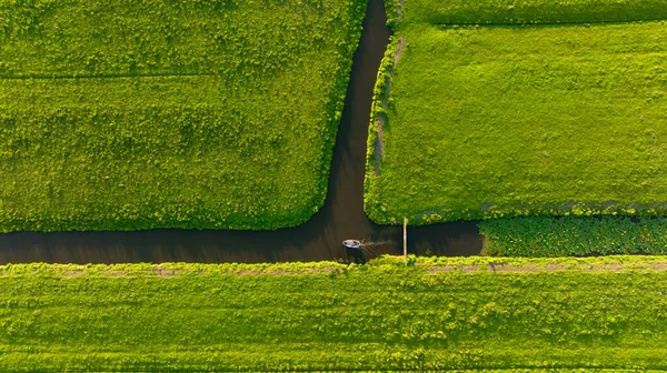 Aerial View Canal Boat Netherlands Canals Water Agriculture Fields Meadows — Stok Foto