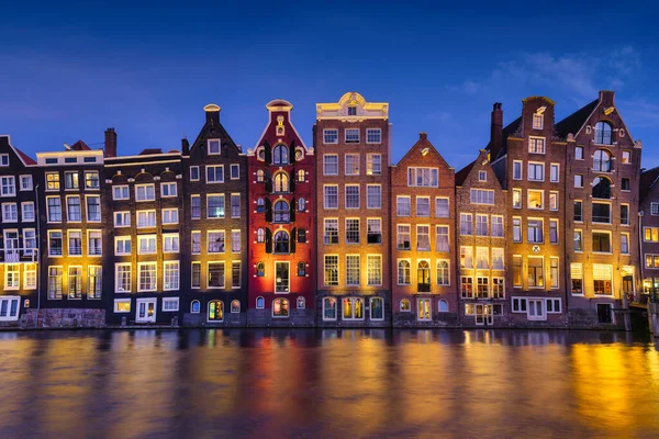 Amsterdam Belanda Pemandangan Rumah Tradisional Saat Matahari Terbenam Kanal Belanda — Stok Foto