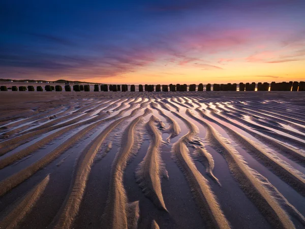 Seascape Sunset Lines Sand Seashore Bright Sky Sunset Sandy Beach — Stock Photo, Image