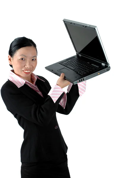 Κινέζικο κορίτσι γραφείο με laptop — Φωτογραφία Αρχείου