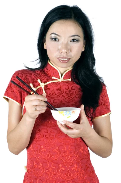 Chica asiática - usando palillo, comiendo — Foto de Stock
