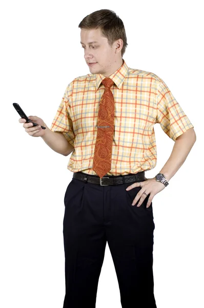 Ung chef upptagen med mobiltelefon — Stockfoto