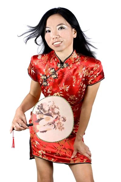 Menina chinesa segurando pequeno fã — Fotografia de Stock