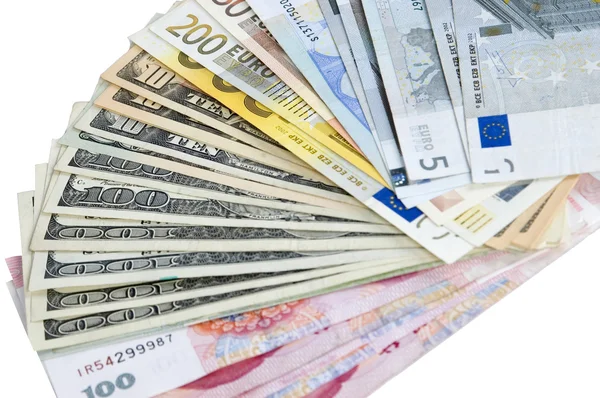 Euro, dólares y yuanes - diferentes billetes — Foto de Stock