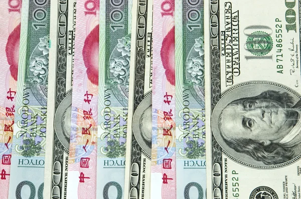 中国的人民币、 美元和波兰兹罗提 — 图库照片