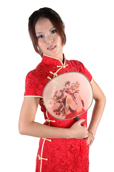 Menina chinesa em vestido tradicional com ventilador — Fotografia de Stock