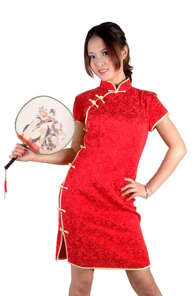 Fille chinoise en robe traditionnelle avec ventilateur — Photo