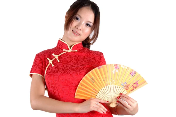 中国的女孩穿着传统时用的风扇 — 图库照片